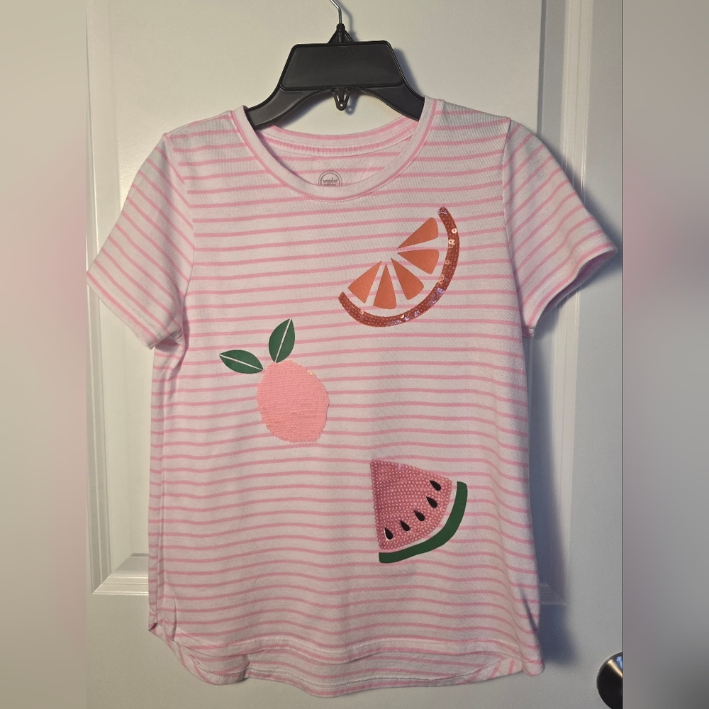 Wonder‎ Nation Pink Striped Tee with Color Change Fruit Accents